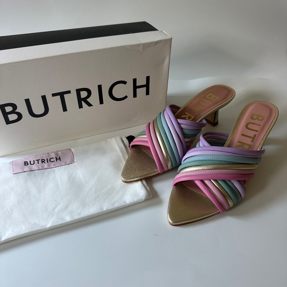 NEW Butrich Sandals Retro Sweet Sunshine Midi Multicolor Pastel Gold Strappy 38